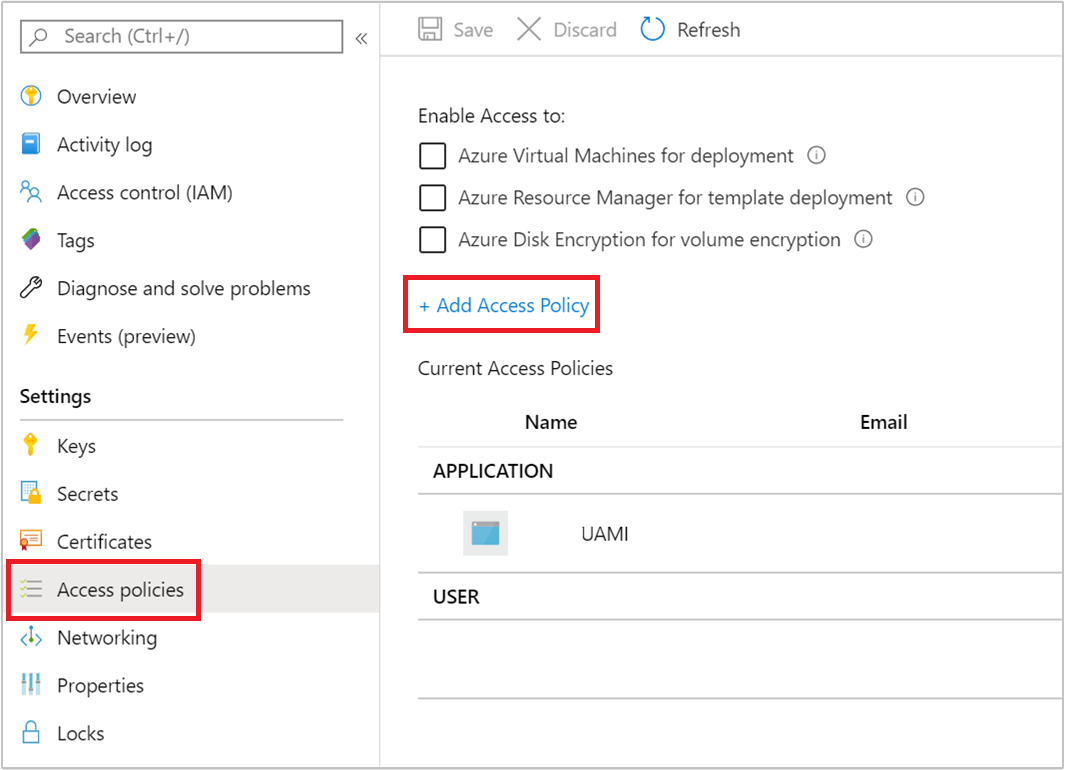 Crie uma nova política de acesso ao Cofre da Chave do Azure.