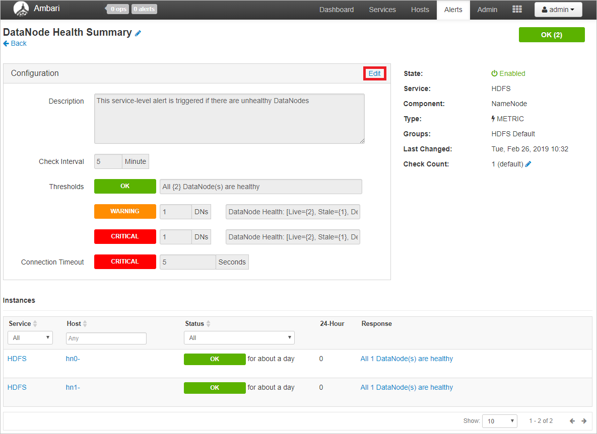 Configuração de alerta do Apache Ambari.