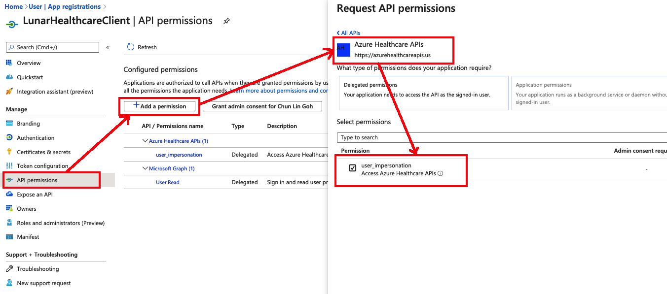 Captura de tela da folha Adicionar permissões de API, com as etapas para adicionar permissões de API realçadas.