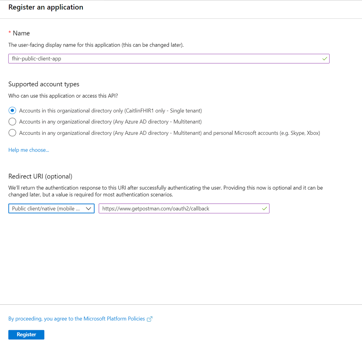 Captura de tela do painel Registrar um aplicativo e um nome de aplicativo de exemplo e URL de redirecionamento.