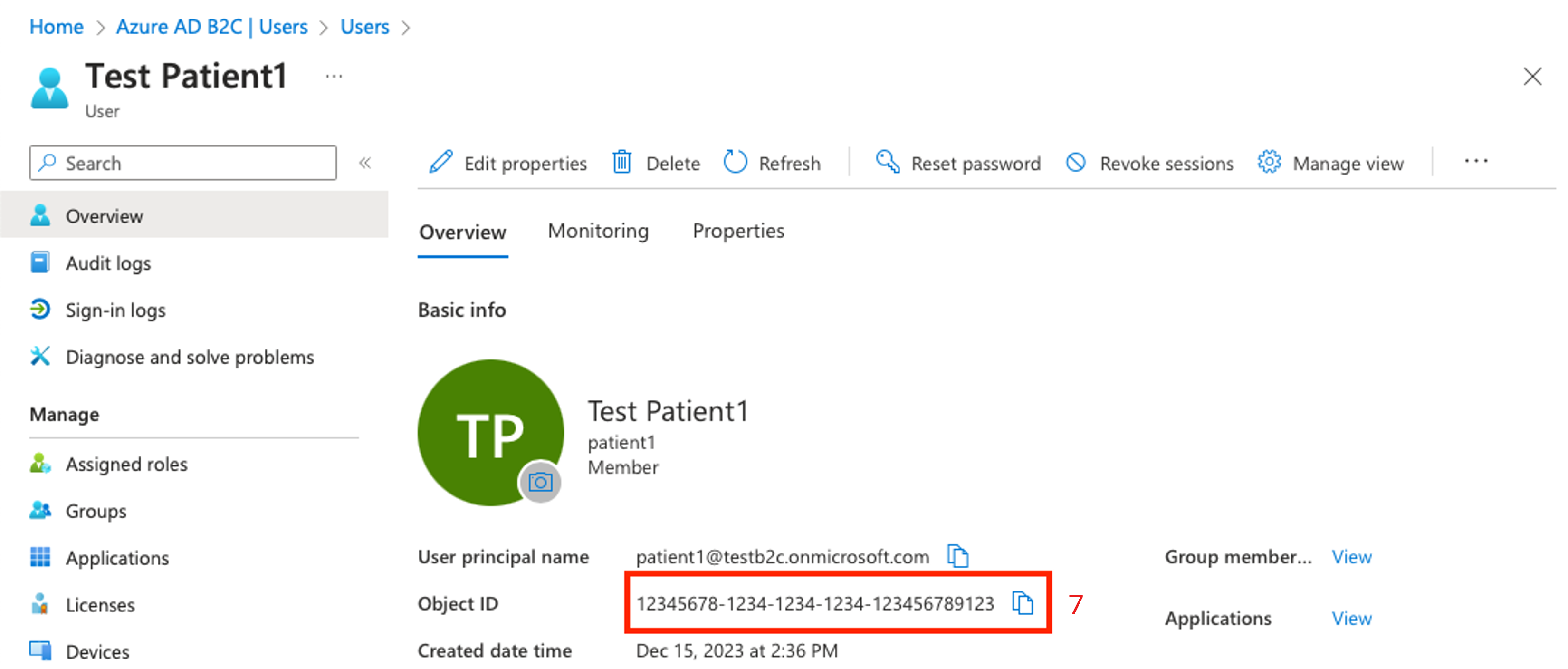 Captura de ecrã a mostrar o ID de utilizador B2C.