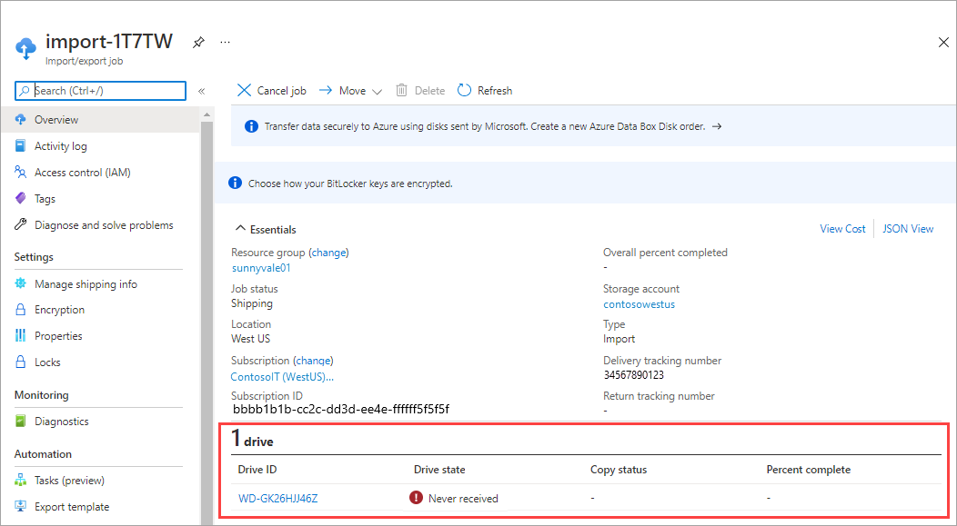 Captura de ecrã a mostrar o estado da unidade para uma ordem de Exportação de Importação do Azure no portal do Azure. O ID da unidade, o Estado da unidade, o Estado da cópia e a percentagem concluída da unidade são realçados.