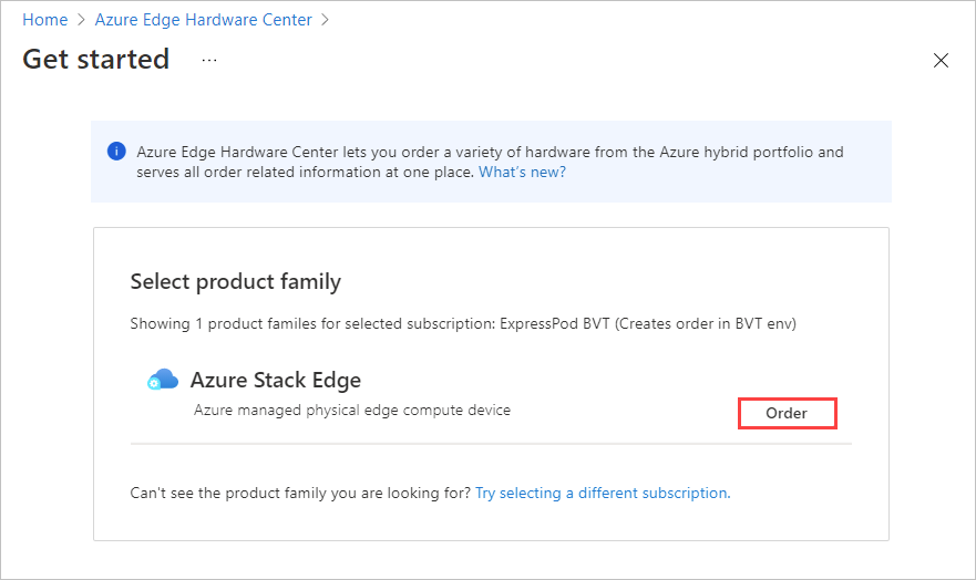 Captura de ecrã para selecionar uma família de produtos a partir da qual encomendar no Centro de Hardware de Borda do Azure. O botão Encomendar por uma família de produtos está realçado.