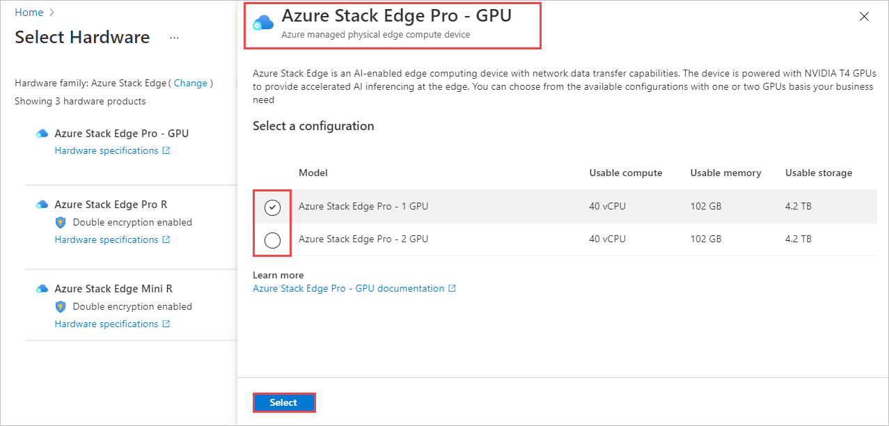 Captura de tela para selecionar uma configuração de hardware para um produto de hardware em um pedido do Centro de Hardware de Borda do Azure. As opções de configuração e produto de hardware são realçadas.