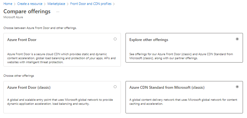 Selecione Recurso CDN. Selecione Explorar Outras Opções e Azure CDN Standard da Microsoft(Clássico.).