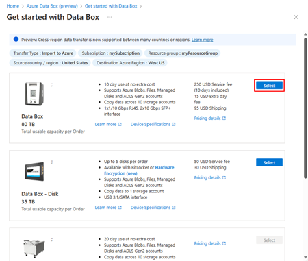 Captura de ecrã a mostrar o ecrã para selecionar um produto Azure Data Box. O botão Selecionar para Data Box está realçado.