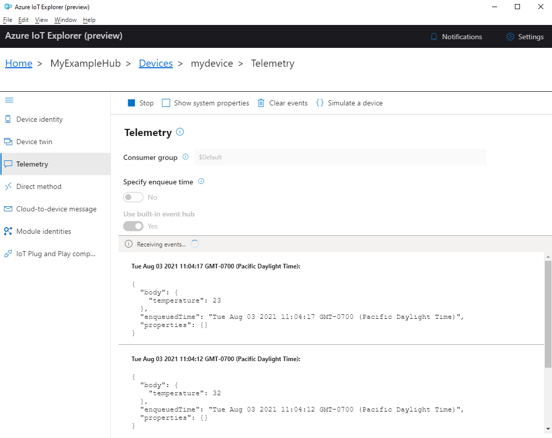 Captura de ecrã da telemetria do dispositivo no IoT Explorer