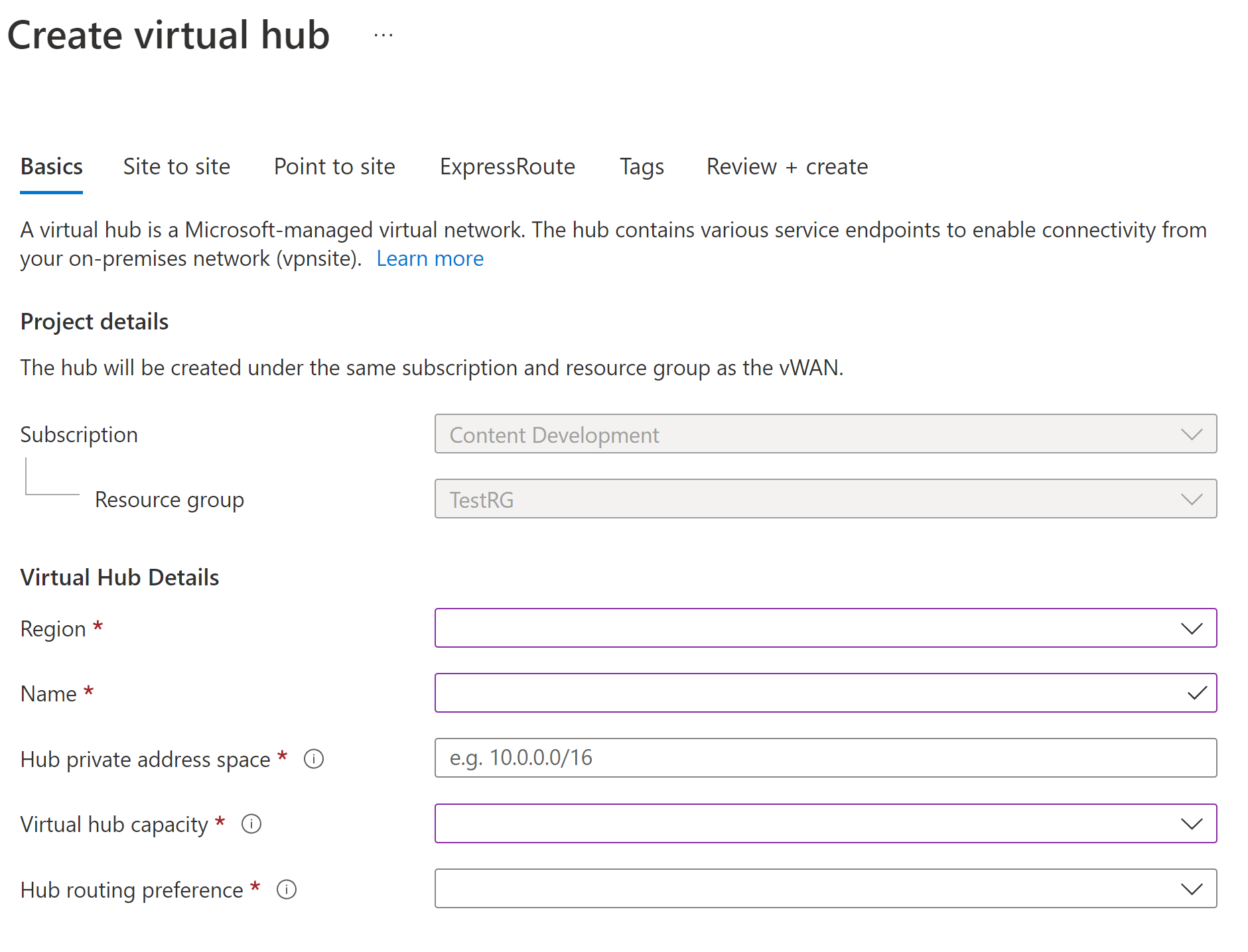 A captura de tela mostra o painel Criar hub virtual onde você pode inserir valores.