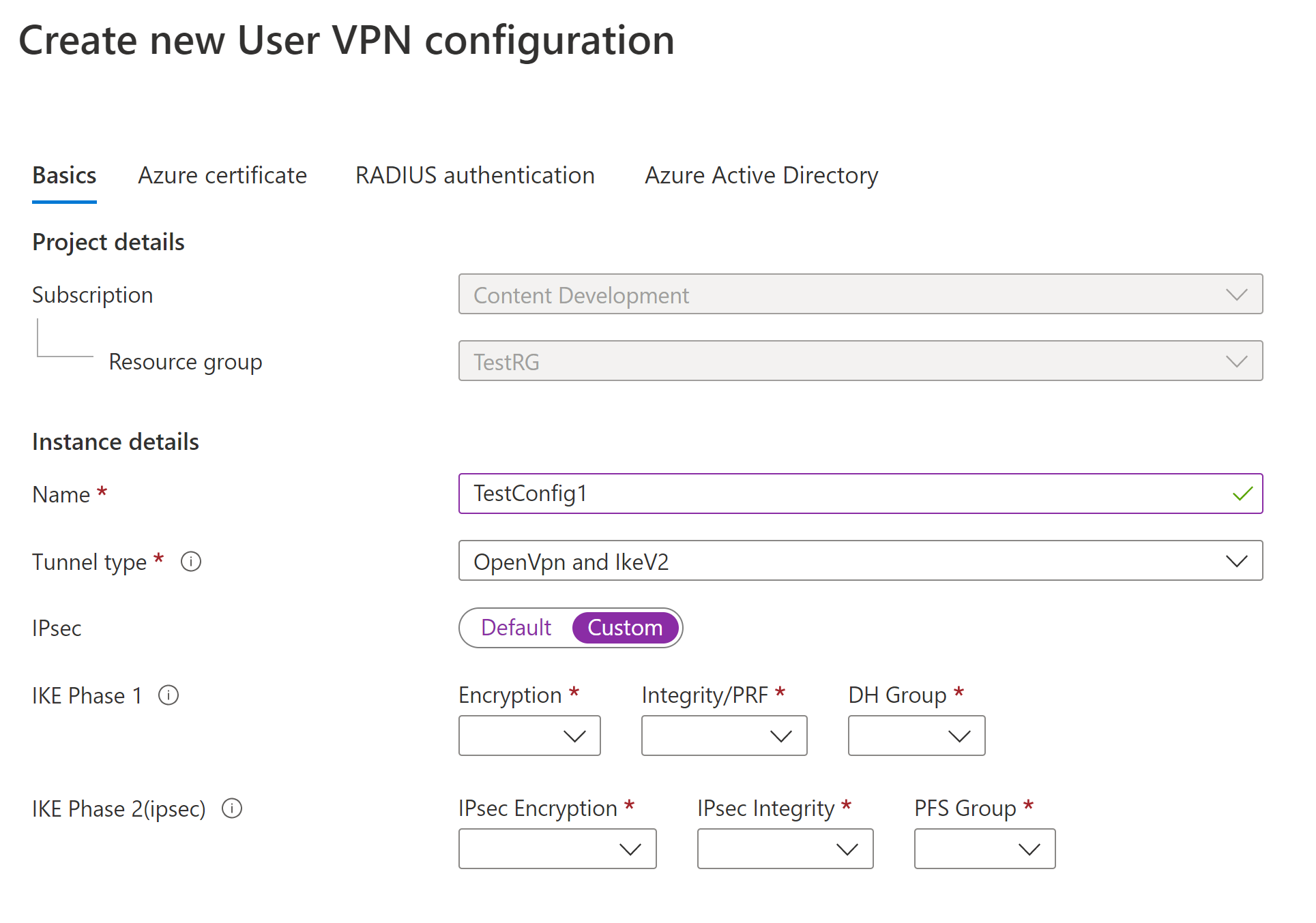 Captura de tela da opção IPsec para personalizada.