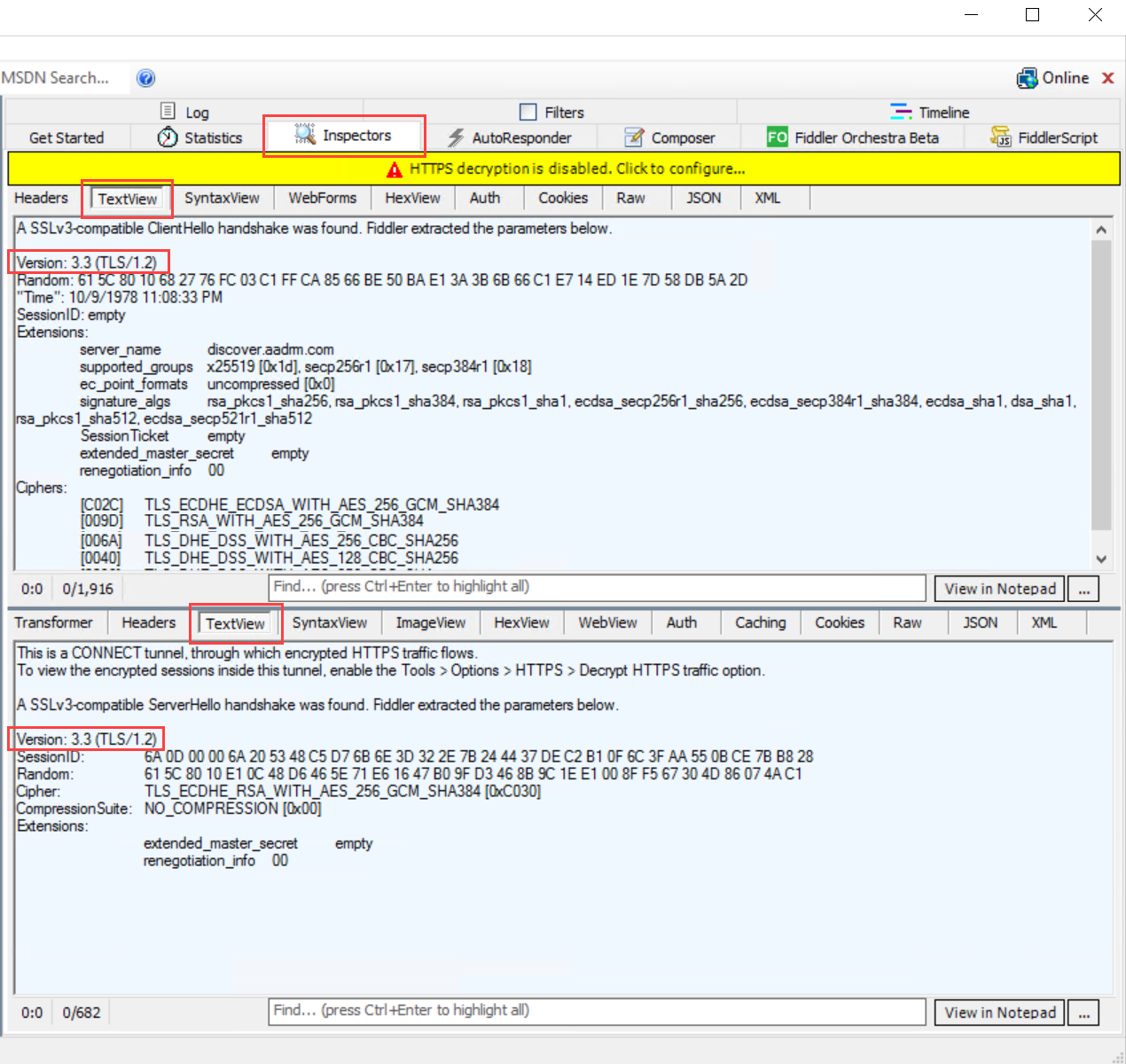 Screenshot of a Fiddler window showing TLS 1.2 being used.