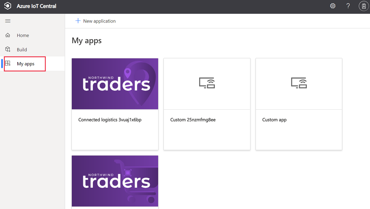 Captura de ecrã do gestor de aplicações do IoT Central que mostra uma lista das aplicações às quais pode aceder.