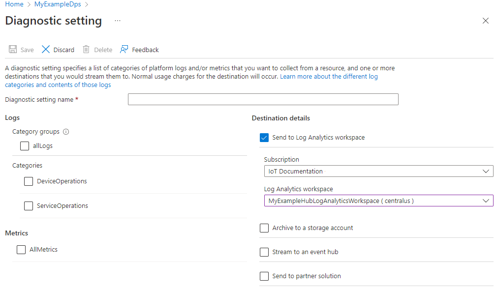 Painel Configurações de diagnóstico para uma instância DPS.