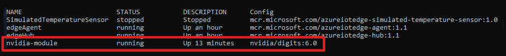 Captura de ecrã do resultado do comando 'iotedge list'.