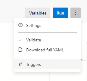 Captura de tela mostrando como revisar as configurações de gatilho do pipeline no menu Gatilhos em Mais ações.