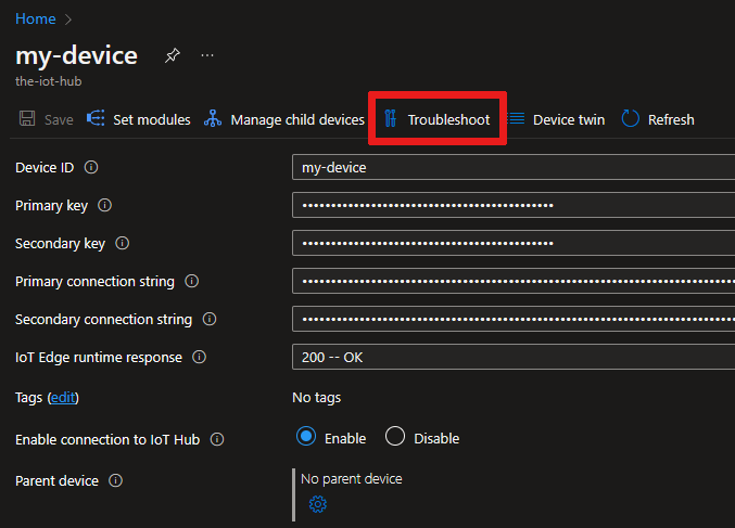 Captura de ecrã da localização do separador Resolução de Problemas no portal do Azure, página de detalhes do dispositivo.