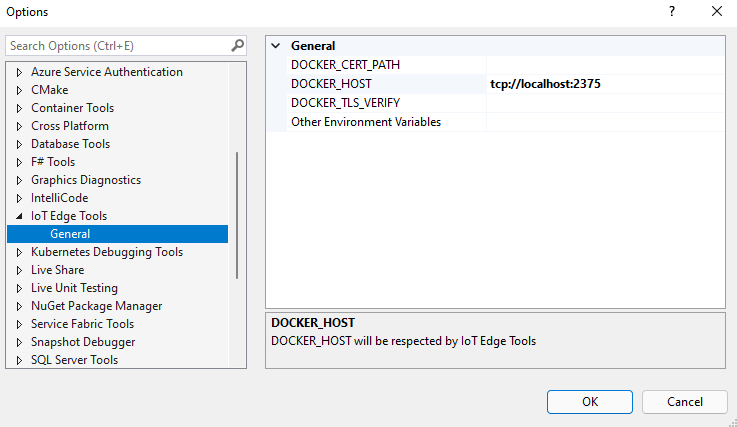 Captura de ecrã das definições das Ferramentas IoT Edge