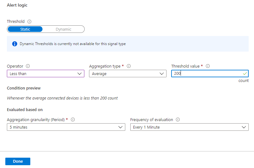 Configurações lógicas de alerta para métricas de dispositivos conectados.