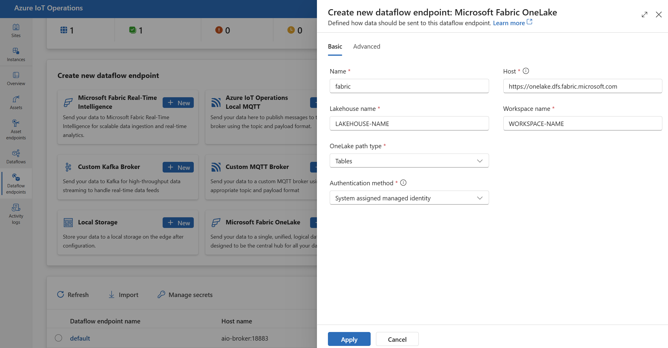 Captura de tela usando a experiência de operação para criar um ponto de extremidade de fluxo de dados do Microsoft Fabric OneLake.