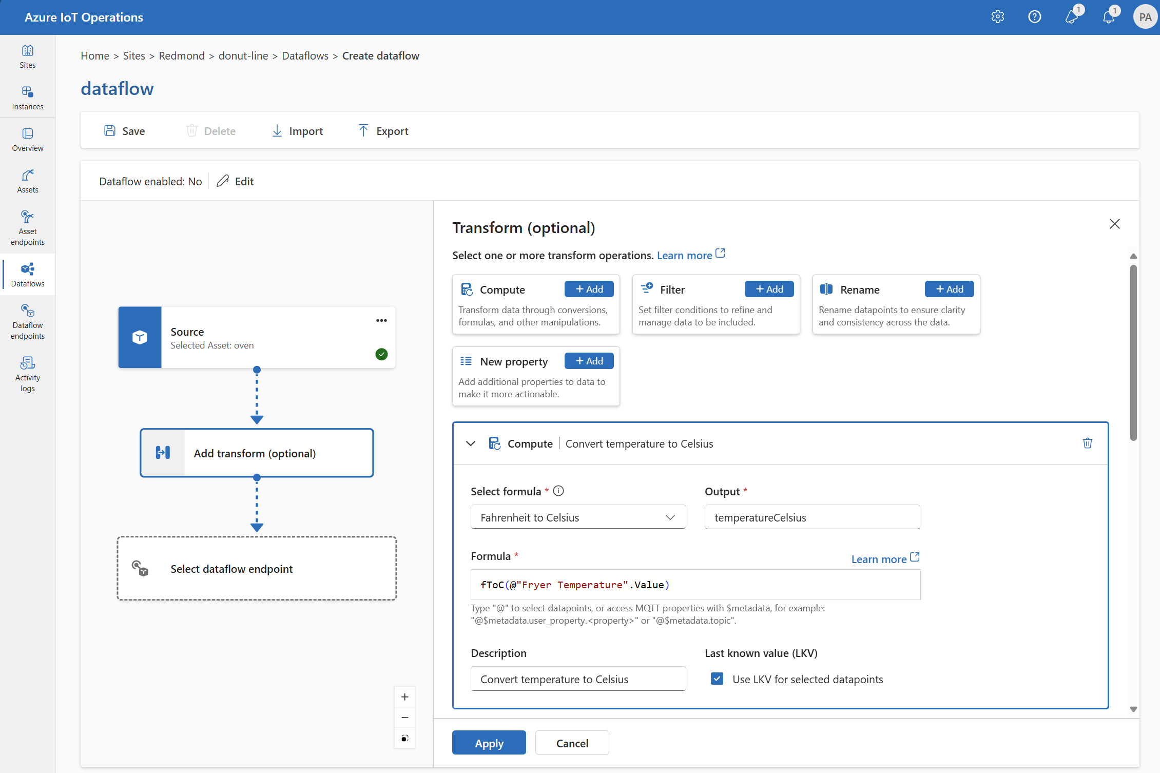 Captura de tela usando a experiência de operações para adicionar uma transformação de computação.