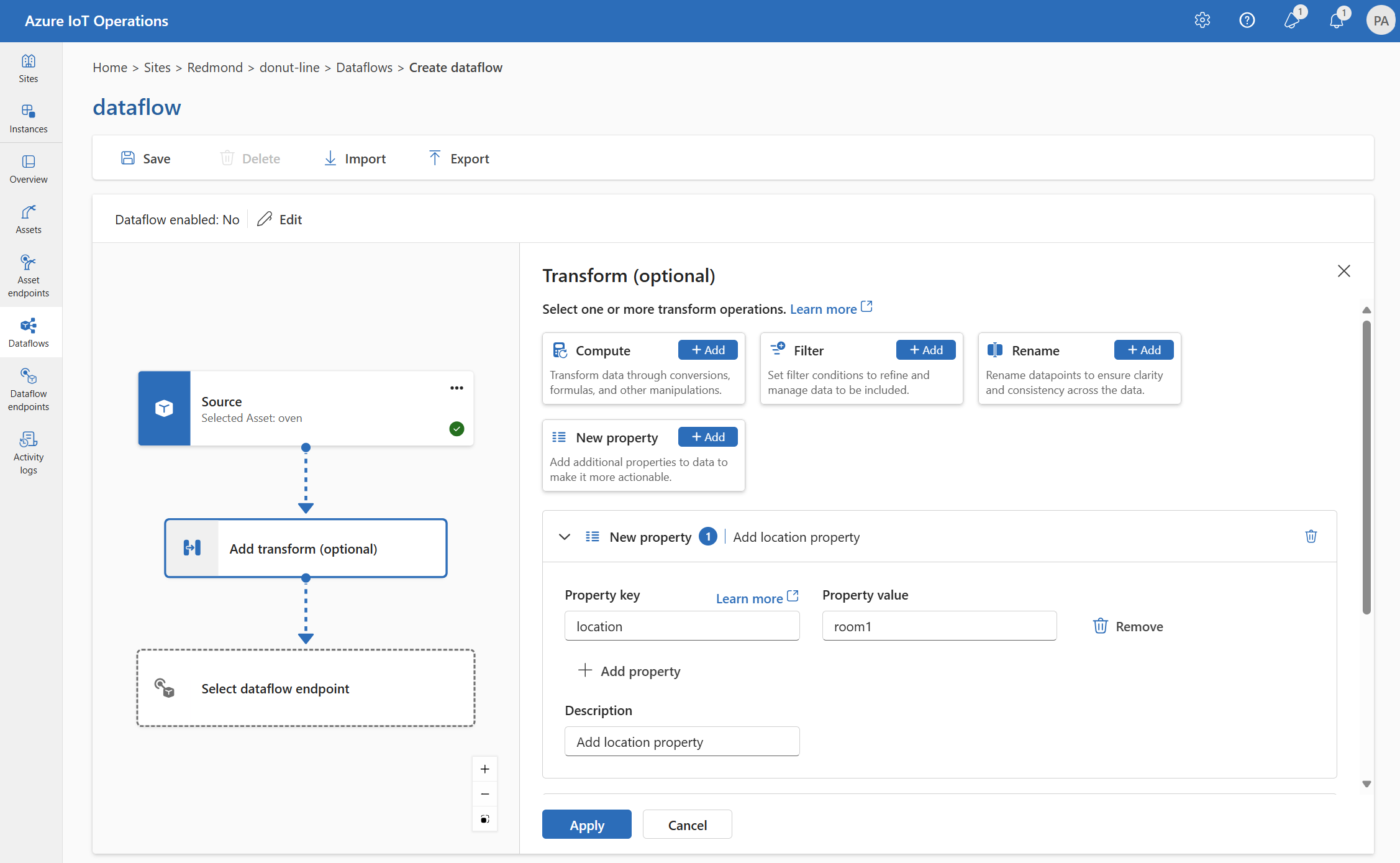 Captura de tela usando a experiência de operações para adicionar uma nova propriedade.