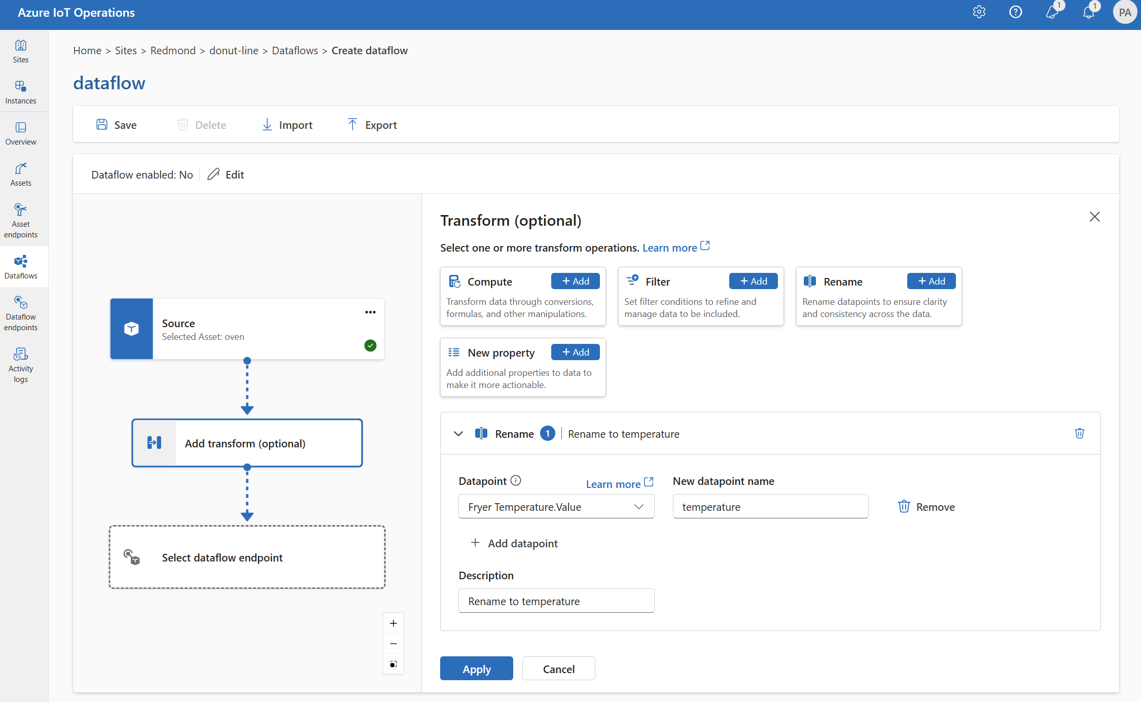 Captura de tela usando a experiência de operações para renomear um ponto de dados.