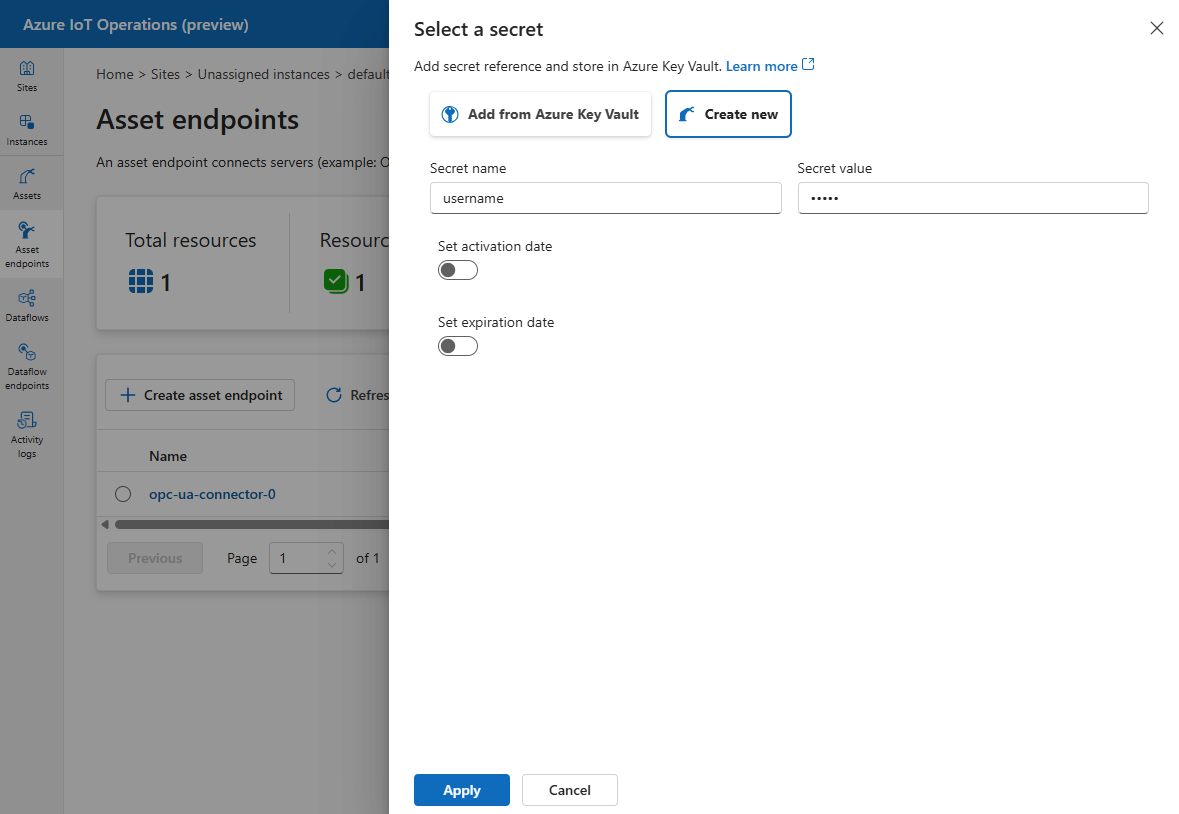 Captura de tela que mostra as opções Adicionar do Cofre de Chaves do Azure e Criar novas opções ao selecionar um segredo na experiência de operações.