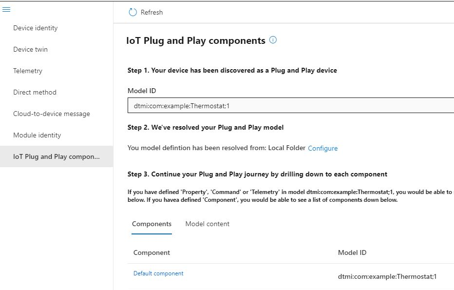 Captura de ecrã que mostra o componente predefinido na ferramenta Azure IoT explorer.