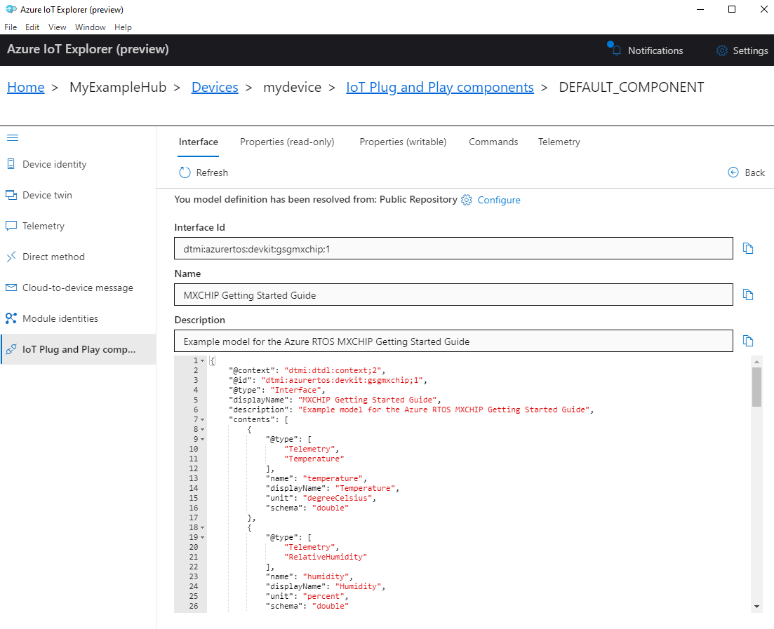 Captura de tela do componente padrão MXCHIP DevKit no IoT Explorer