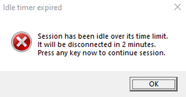 Captura de tela que mostra uma mensagem de aviso de que uma sessão ficou ociosa acima de seu limite de tempo.