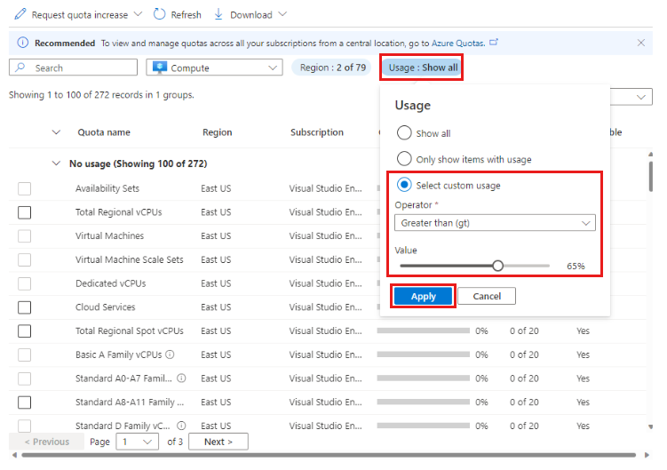 Captura de ecrã a mostrar a página Utilização e quotas, com a opção Selecionar utilização personalizada e definições de configuração realçadas.