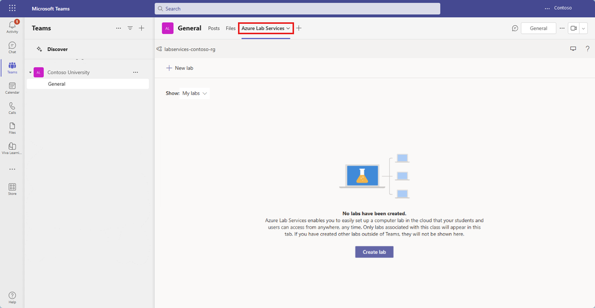 Captura de ecrã que mostra o separador Azure Lab Services no Teams.