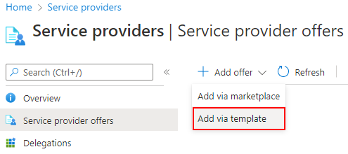 Captura de ecrã a mostrar a opção Adicionar através do modelo no portal do Azure.