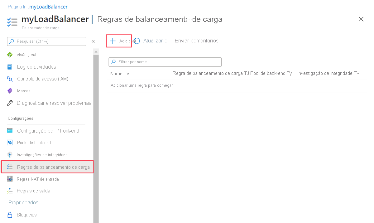 Captura de tela da página de regras de balanceamento de carga em um balanceador de carga padrão.