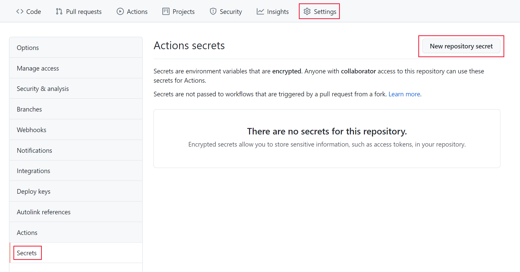 Captura de tela que mostra como adicionar um segredo de repositório GitHub.