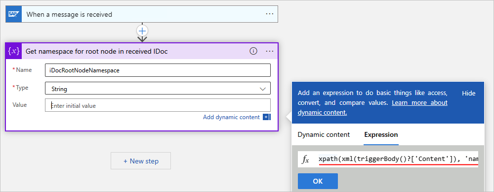 A captura de tela mostra a expressão para obter o namespace do nó raiz do IDoc recebido para um fluxo de trabalho de Consumo.