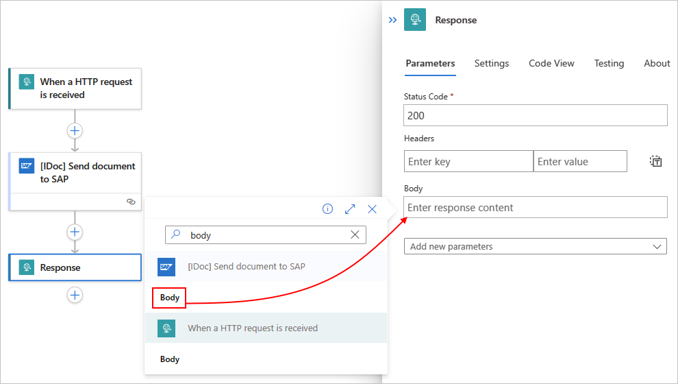 Captura de tela mostrando a seleção da saída da ação SAP chamada Corpo para fluxo de trabalho padrão.