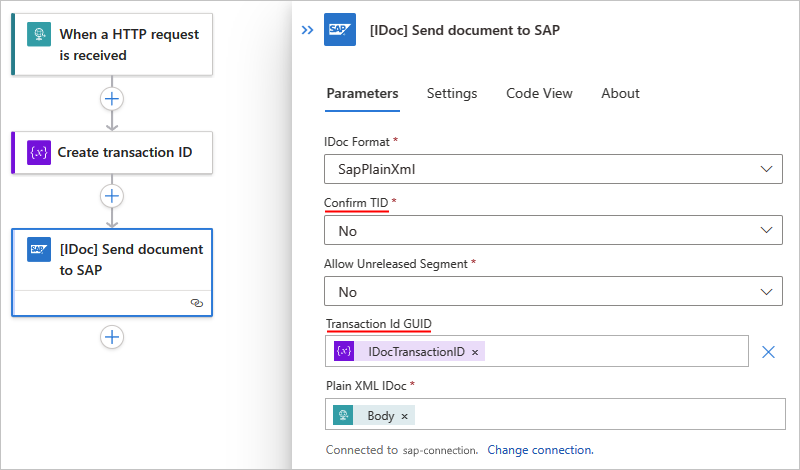 A captura de tela mostra o fluxo de trabalho padrão com a ação chamada IDOC Enviar documento para o SAP.