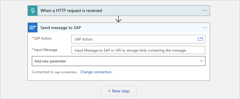 A captura de tela mostra um fluxo de trabalho de Consumo com a ação gerenciada SAP chamada Enviar mensagem para o SAP.