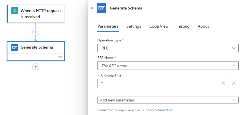 A captura de tela mostra o fluxo de trabalho padrão e a ação integrada do SAP chamada Gerar esquema.