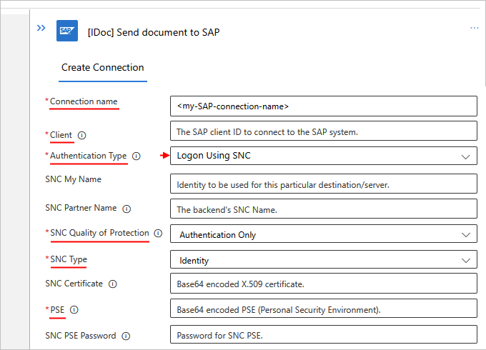 Captura de tela mostrando as configurações de conexão integradas do SAP para o fluxo de trabalho padrão com SNC habilitado.