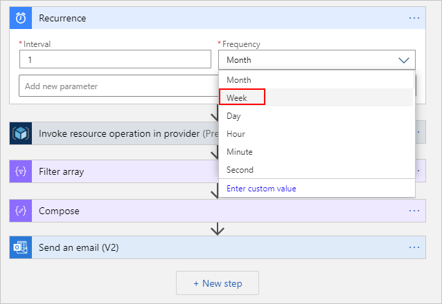 Captura de tela que mostra o gatilho de Recorrência expandido com a lista Frequência aberta para mostrar as opções de frequência disponíveis.