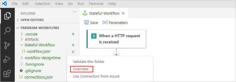 A captura de tela mostra o painel Explorer, workflow.json menu de atalho do arquivo com a opção selecionada, Visão geral.