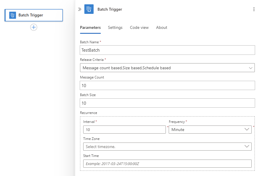 A captura de tela mostra todos os critérios para o Batch Trigger.