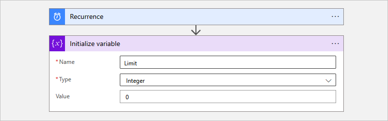 A captura de tela mostra o portal do Azure, o fluxo de trabalho de Consumo e os parâmetros para a ação interna chamada variável Inicializar.