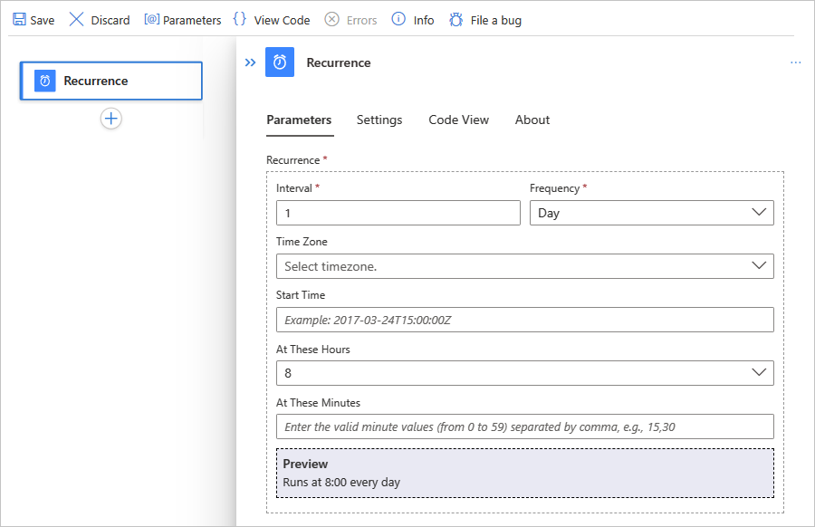 A captura de tela mostra o portal do Azure, o fluxo de trabalho padrão e os parâmetros de gatilho de recorrência configurados.