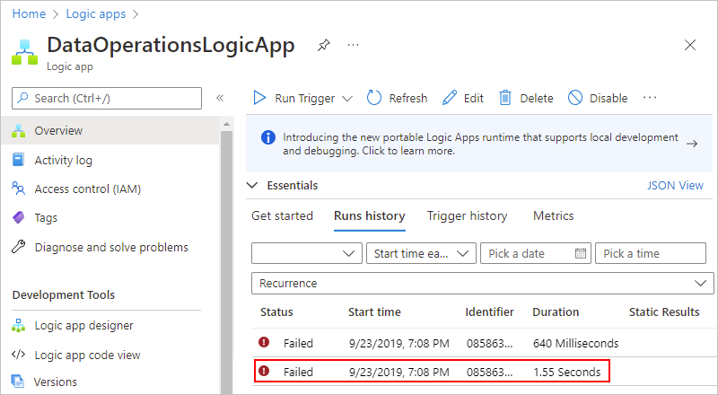 Captura de ecrã a mostrar o portal do Azure com o fluxo de trabalho da aplicação lógica de consumo é executado e uma falha de execução selecionada.