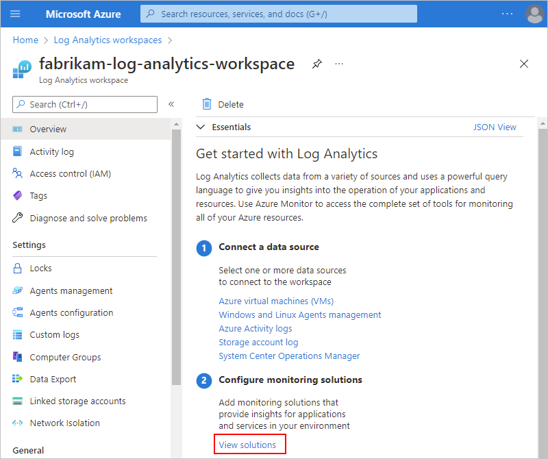 Captura de ecrã a mostrar o portal do Azure, a página de descrição geral da área de trabalho e Ver soluções selecionadas.