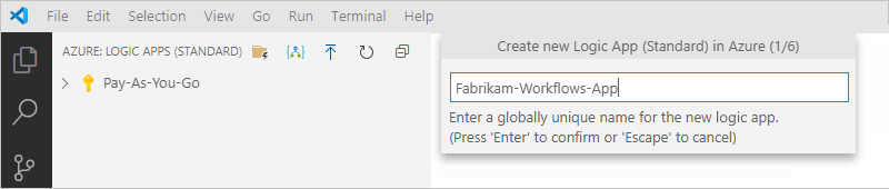 Captura de tela que mostra o prompt para um nome globalmente exclusivo para usar em seu aplicativo lógico.