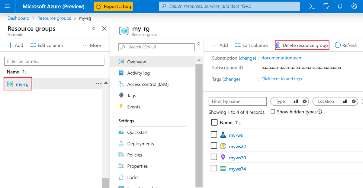 Eliminar grupo de recursos no portal do Azure