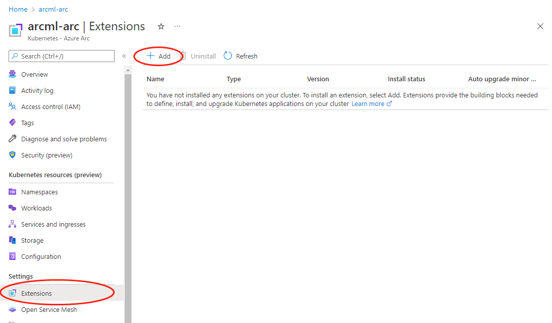 Captura de tela da adição de nova extensão ao cluster Kubernetes habilitado para Arc a partir do portal do Azure.